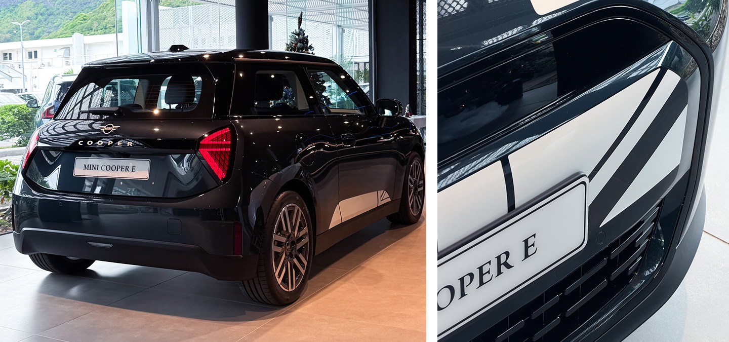 Side front view of the MINI Cooper in Ocean Wave Green and White Roof.